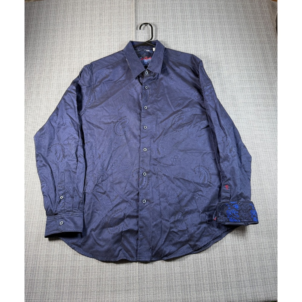 Robert Graham Shirt Mens 2XL Blue Paisley Print Logo Cotton Flip Cuff Button‎ Up